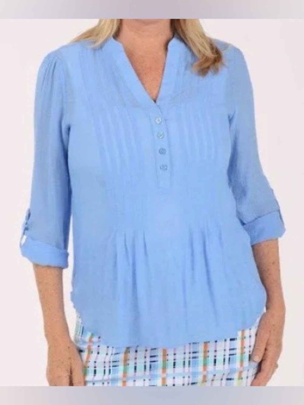ZAC & RACHEL SOLID PLEATED TUNIC V-NECK ROLL SLEEVES WOMEN COLOR BLUE SIZE 1X * - Picture 14 of 14